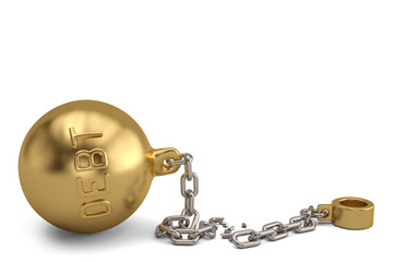 Gold debt shackle on white background.3D illustration.