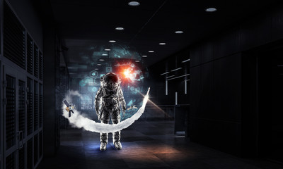 Naklejka premium Astronaut explorer in laboratory. Mixed media