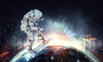 Spaceman on flying board. Mixed media