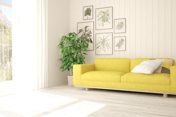White minimalist room with yellow sofa. Scandinavian interior design. 3D illustration
