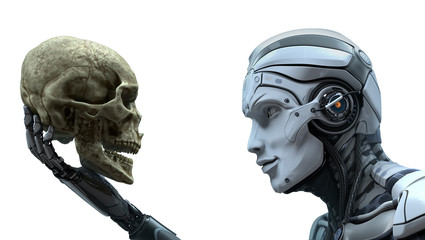 Robot with Artificial Intelligence observing human skull in Evolved Cybernetic organism world. 3d...