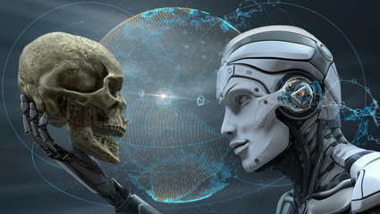 Robot with Artificial Intelligence observing human skull in Evolved Cybernetic organism world. 3d...