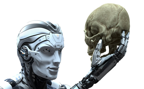 Robot with Artificial Intelligence observing human skull in Evolved Cybernetic organism world. 3d rendered image