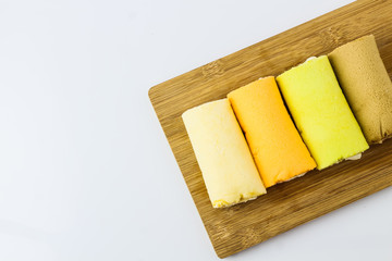 cake roll flat lay on white isolated