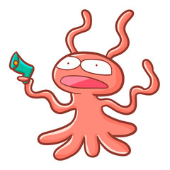 Funny and scary pink alien holding a laser gun - vector.