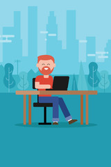 freelance outdoor man with beard t-shirt sitting working on laptop on table