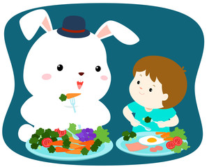 Little cute boy eating vegetable with white rabbit vector.