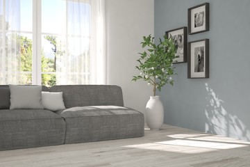 Idea of white room with sofa and summer landscape in window. Scandinavian interior design. 3D illustration