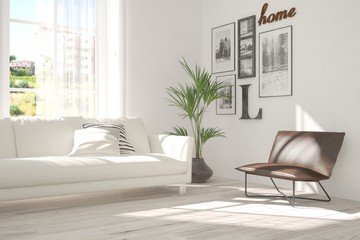 Idea of white room with sofa and summer landscape in window. Scandinavian interior design. 3D illustration