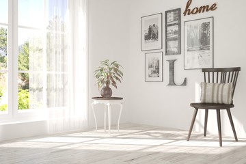 White room with chair and summer landscape in window. Scandinavian interior design. 3D illustration