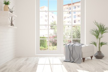 White room with chair and urban landscape in window. Scandinavian interior design. 3D illustration