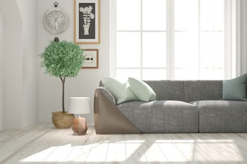 White modern room with sofa. Scandinavian interior design. 3D illustration