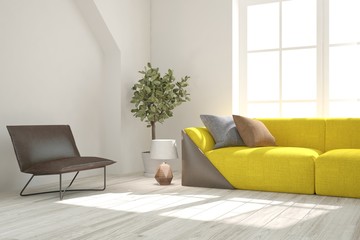 White modern room with sofa. Scandinavian interior design. 3D illustration