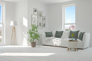 White modern room with sofa. Scandinavian interior design. 3D illustration