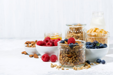 healthy products for breakfast, granola and fresh berries on white table