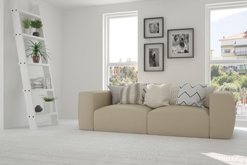 White room with sofa and green landscape in window. Scandinavian interior design. 3D illustration