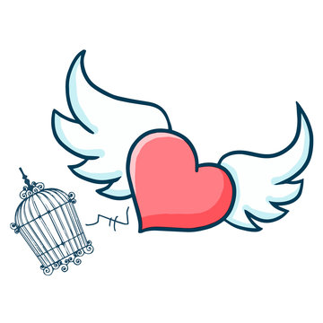 Funny heart with wing flying, escape from the bird cage - vector.