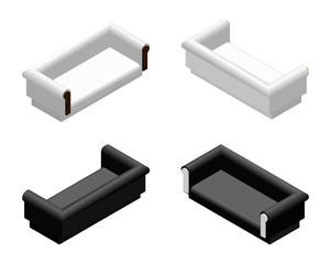 Black and white sometric soft sofa in different projections. Couch for living room or lounge. Furniture design vector illustration set.