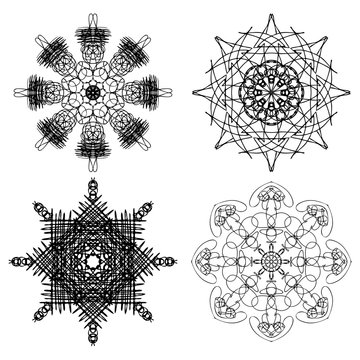 Beautiful boho round set with mandala. Sacred Geometric circle elements made in hand drawn ethnic art. Flash tattoo sketch. Astrology, alchemy, spiritual magic symbol hatching. Vector.