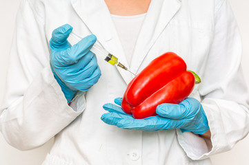 GMO scientist injecting liquid from syringe into red pepper
