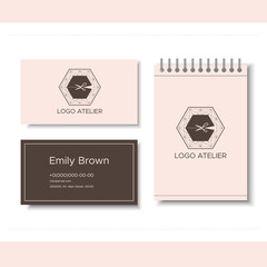Branding for tailor shop, dressmakers salon, sewing studio, clothing store and fashion designer. Logo, business card, notepad. Vector illustration in modern style
