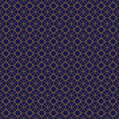 Abstract geometric pattern with lines. Sacred seamless geometry. Rhombuses, triangles and squares. Endless blue black and gold texture background. Vector.