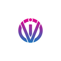 Initial letter vi, iv, i inside v, linked line circle shape logo, purple pink gradient color

