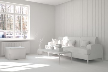 White room with sofa. Scandinavian interior design. 3D illustration