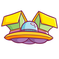 Funny and cool UFO with artificial houses on it - vector.
