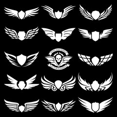 wings shield logo template set, wing and shield icon design for brand identity tattoo and logo design element. vector illustration.