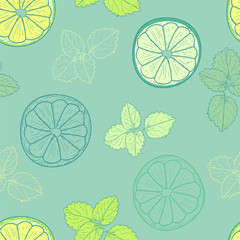 Seamless pattern with slices of lime and leaves of mint on blue background