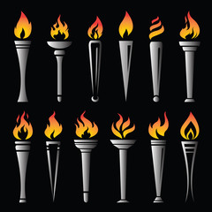 Vector of fire torch victory champion on black background. Flame icons set.