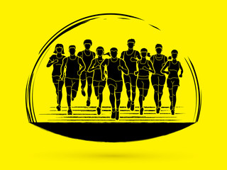 Marathon runners, Group of people running, Men and women running graphic vector.