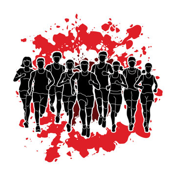 Marathon runners, Group of people running, Men and women running designed on splatter blood graphic vector.