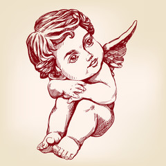 angel or cupid, little baby greeting card hand drawn vector illustration realistic sketch