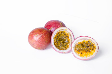 Passion fruit on white background as package design element