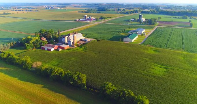 Exceptional beauty of rural Wisconsin farms and fields, aerial perspective.
