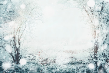 Winter day landscape with frozen tress and snow, outdoor nature background, frame