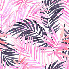 Aquarel roze gekleurd en grafisch palmblad schilderij.