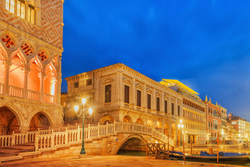 Embankment of the Grand Canal and the Doge's Palace (Palazzo Ducale) in night time, Venice. Italy.