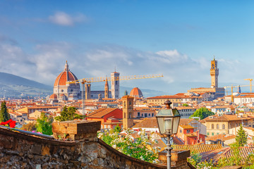 Obraz premium Beautiful landscape above, panorama on historical view of the Florence from Piazzale Michelangelo point. Morning time.
