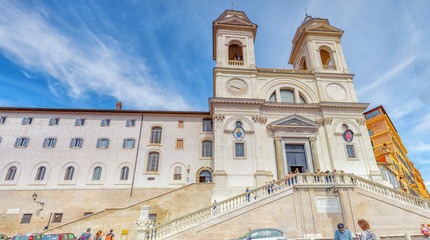 Trinita dei Monti church, Fraternita Monastica Delle Sorelle Di Gerusalemme and Obelisco Sallustiano on Spanish Steps Square.Rome. Italy.