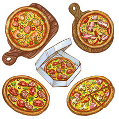 Set of vector color illustrations, whole pizza and slice, pizza on wooden board, pizza in box for delivery. Prints, templates, design elements for menu, signage, advertisement, isolated