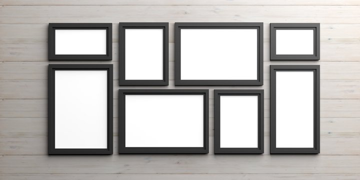 Black frames on wooden background. 3d illustration