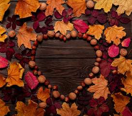 Flat lay frame in the form of a heart from autumn crimson and yellow leaves, hazelnuts and walnuts on a dark wooden background.