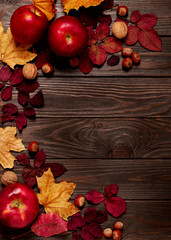 Naklejka na ściany i meble Flat lay frame of autumn crimson and yellow leaves, hazelnuts, walnuts and apples on a dark wooden background.