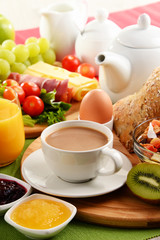 Breakfast served with coffee, orange juice, egg and fruits