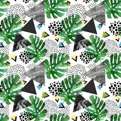 Photo sur Plexiglas Impressions graphiques feuilles tropicales aquarelles et fond de triangles texturés