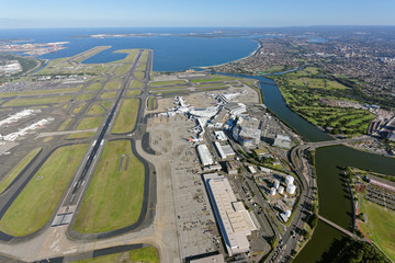 Sydney Airport, International Terminal, looking south along Runway 16R towards Botany Bay