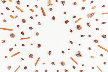 Autumn composition. Frame made of autumn things. Flat lay, top view, copy space